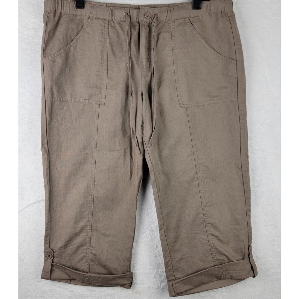 Sz M Crop Tan Pants Straight Leg Linen Blend Vacation Casual Beach Cruise Summer